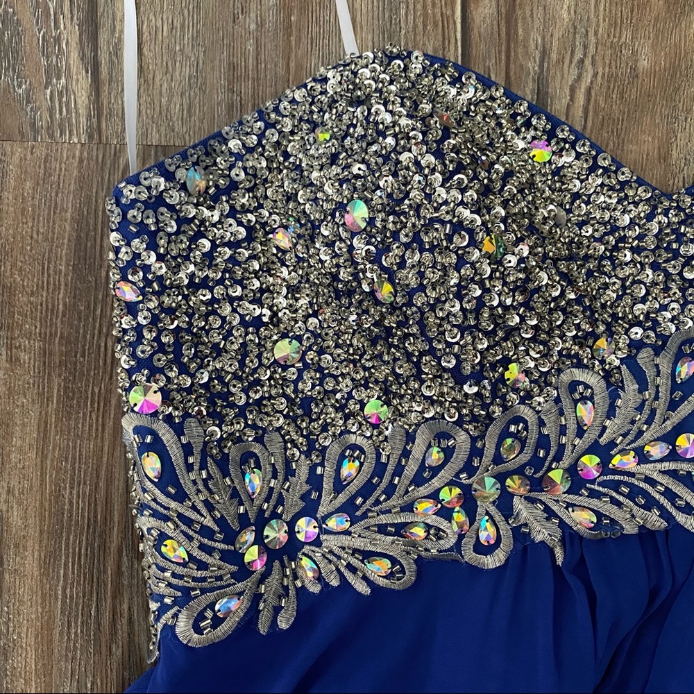 Beaded Blue Strapless Full-Length Prom Dress - Picture 4 of 11